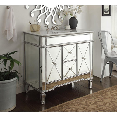 Benton Collection 44 Inch Traditional Freestanding Mirrored Adelia Bathroom Vanity, Single Sink, Carrara Marble Top, Fully Assembled