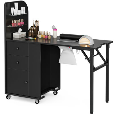 Foldable Nail Desk Manicure Table, Folding Nail Table Station for Nail Tech w/Dust Collector, 2 Open Shelves & 2 Drawers, Foldable Manicure Desk w/Wrist Cushion, Lockable Wheels(Black)