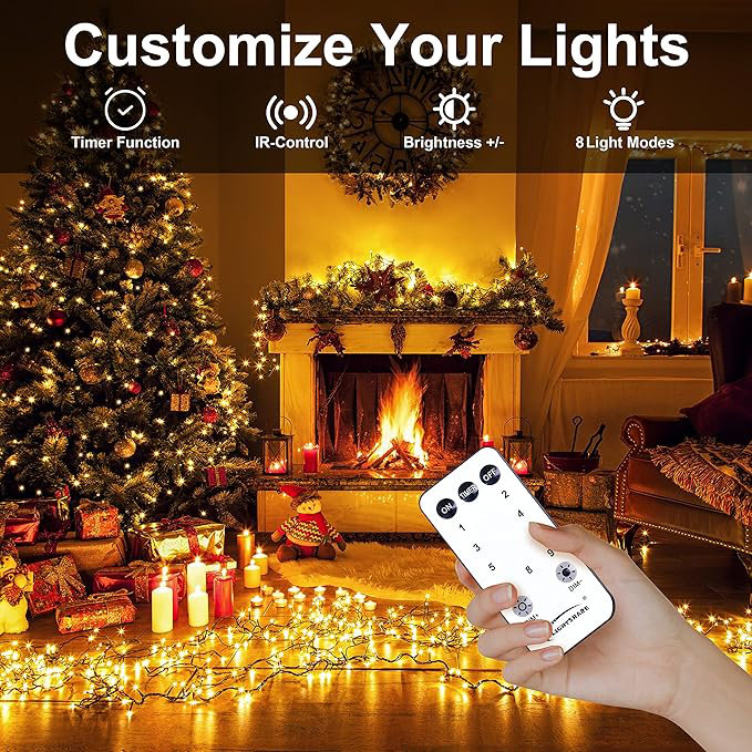 Globe Fairy String Lights – 49FT 100 LEDs, Warm White, Battery-Powered, 8 Modes, Remote & Timer, IP65 Waterproof