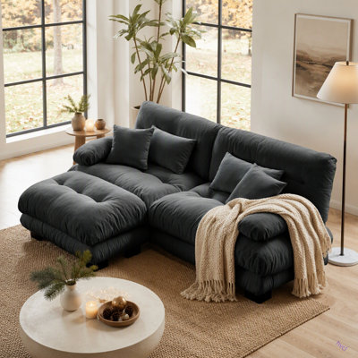 Cloud Couch Sectional Sofa For Living Room, Chenille 2 Seater Sofa With 2 Lumbar Pillows And 2 Throw Pillows , Upholstered Wide Arm Sofa With Convertible Ottoman,Chenille