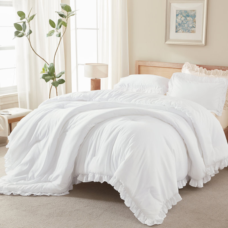 Andency Comforter Full Size Set White, 3 Pieces Ruffle Farmhouse Gift Full Comforter Set, Soft Lightweight Fluffy All Season Room Decor Bed Set for Girls Women Teens Daughter