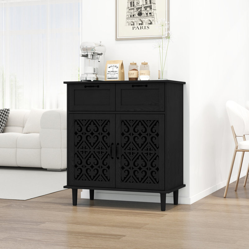Black Wooden Storage Cabinet With Carved Doors, Black