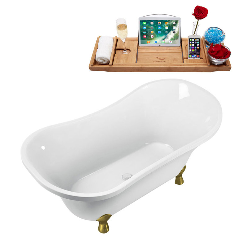 60" Streamline Clawfoot Soaking Acrylic Bathtub, Glossy White, Brushed Gold