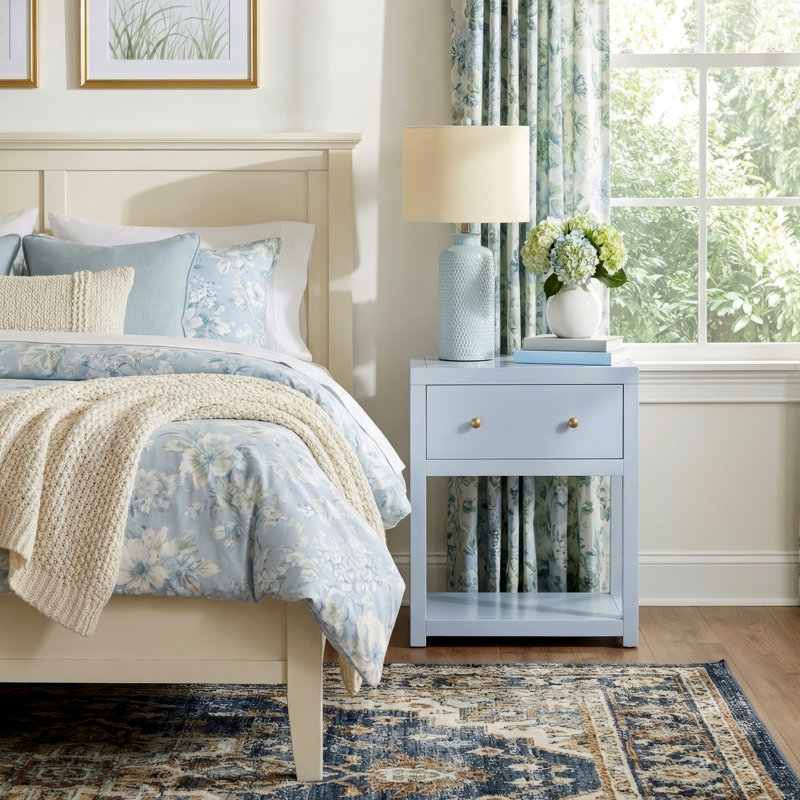 Nora 21 in. W Wood 1 Drawer Small Nightstand with Shelf, Light Blue