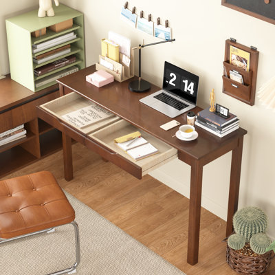 Solid Wood Desk With Drawers - 39 X 16 Inch Vintage Narrow Desks, Mid Century Modern Desks, Rubber Wood Study Table, Small Writing Desk For Bedroom|small Spaces - Walnut Color