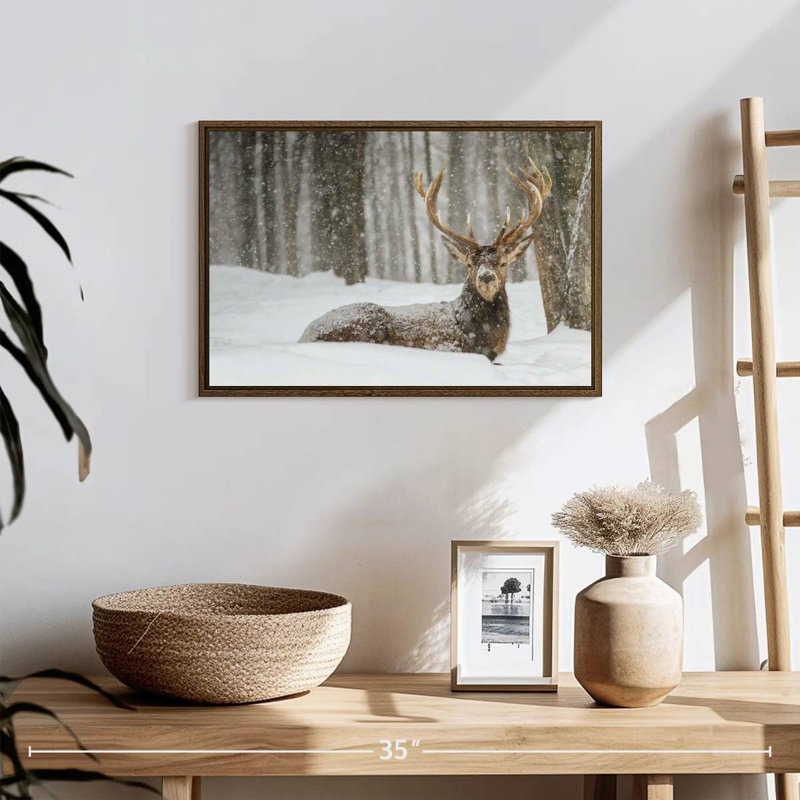 Wapiti recouvert de neige, 19 po x 13 po, Cadre flottant noyer