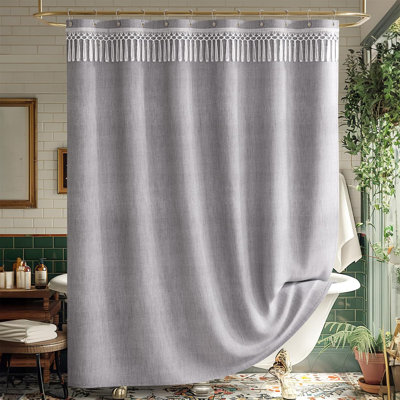 Rideau de douche Farmhouse avec pampilles supérieures, tissu en faux lin, comprend 12 crochets