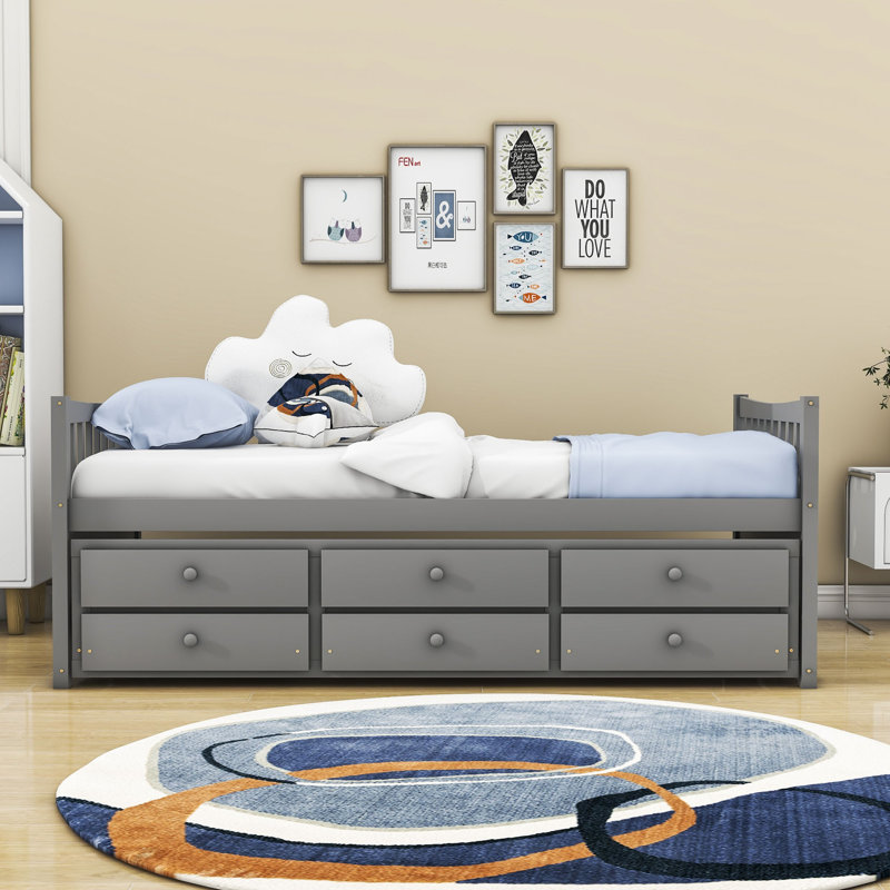 Lit plateforme simple à 3 tiroirs avec lit gigogne, gris