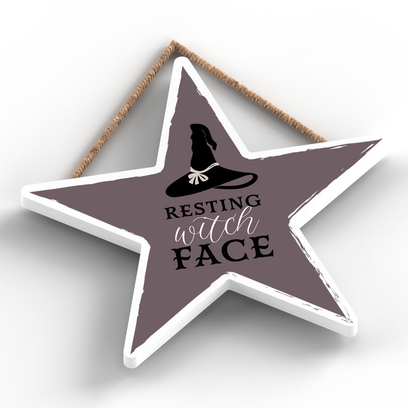 Resting Witch Face Wooden Star Plaque