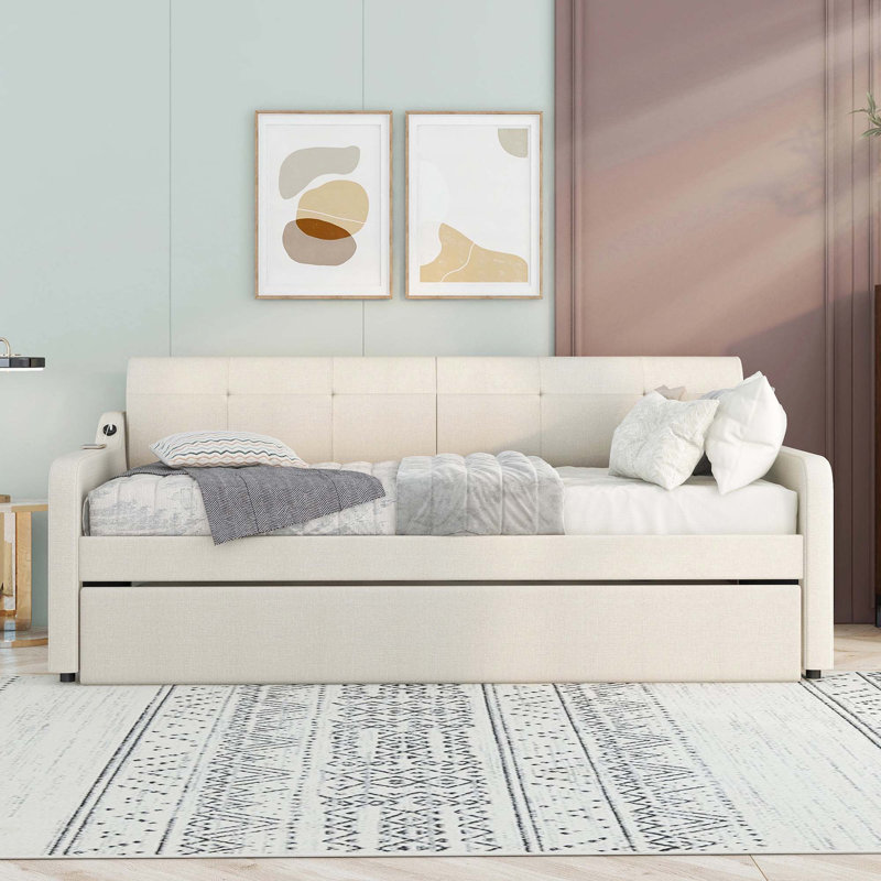 Twin Size Upholstery Daybed With Trundle And USB Charging Design,Trundle Can Be Flat Or Erected, Beige