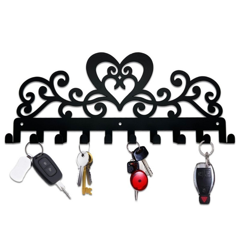 Porte-clés en métal antirouille à 10 crochets Vintage Heart - métal - 1 pièce - porte-clés - noir - thème de Noël