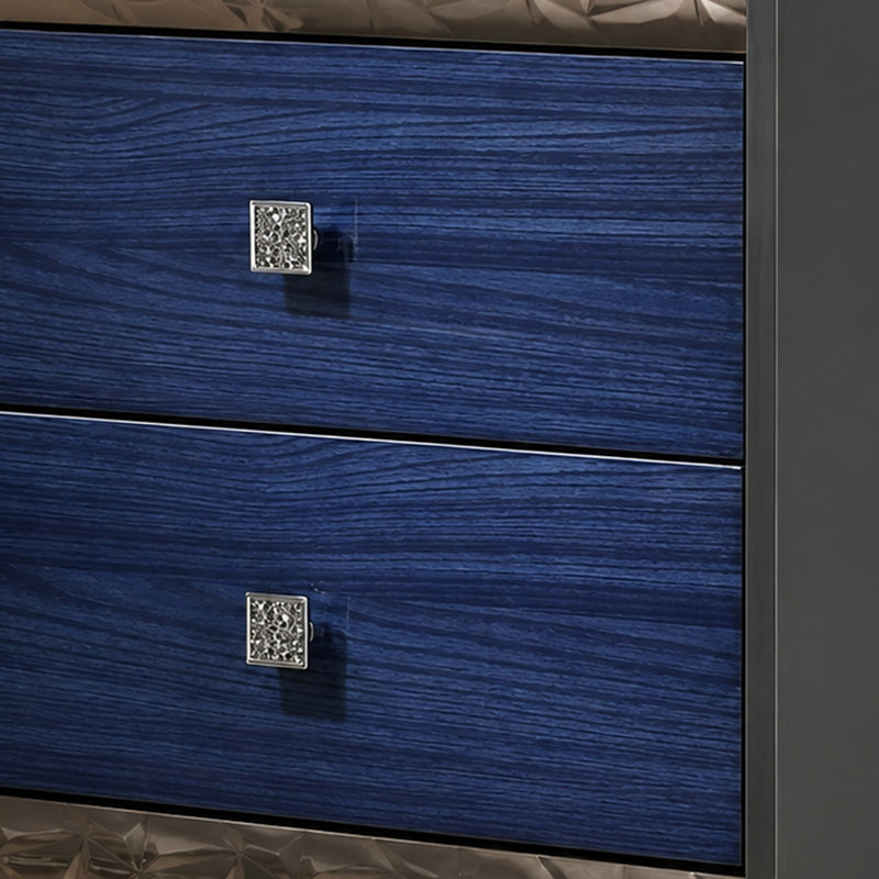 Ensemble de chambre à coucher pour très grand lit 2 pièces, gris cendré, bleu indigo, bois chromé, table de chevet