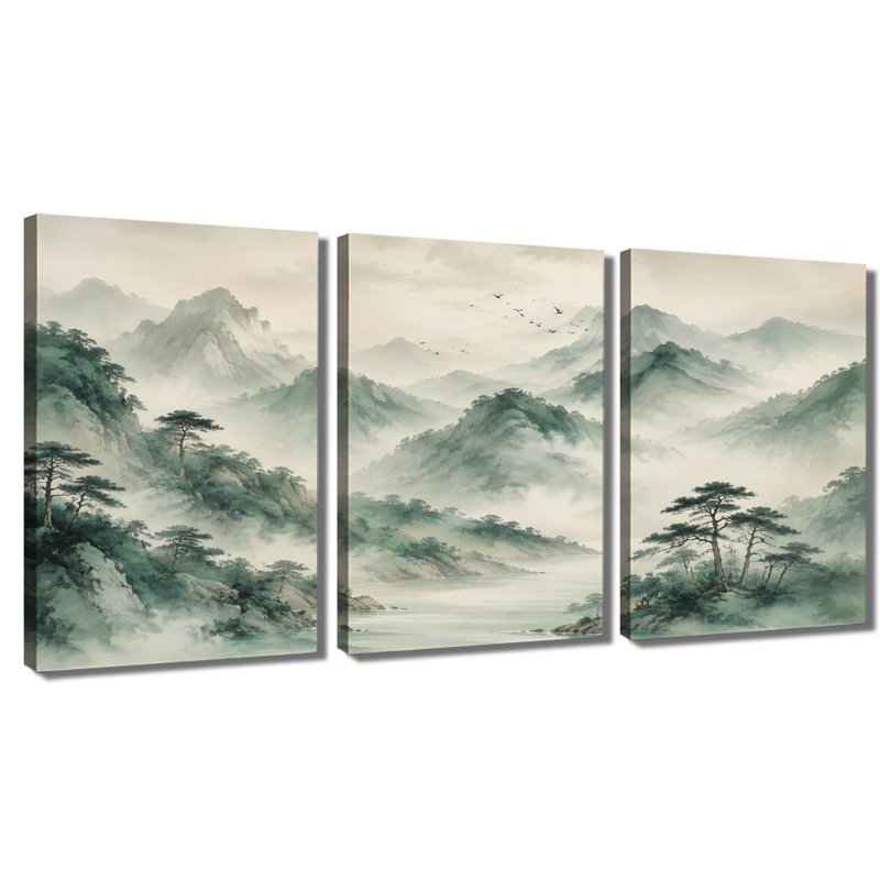 3 panneaux muraux, impression sur toile «Traditional Misty Mountain River», 12 * 18 pouces * 3