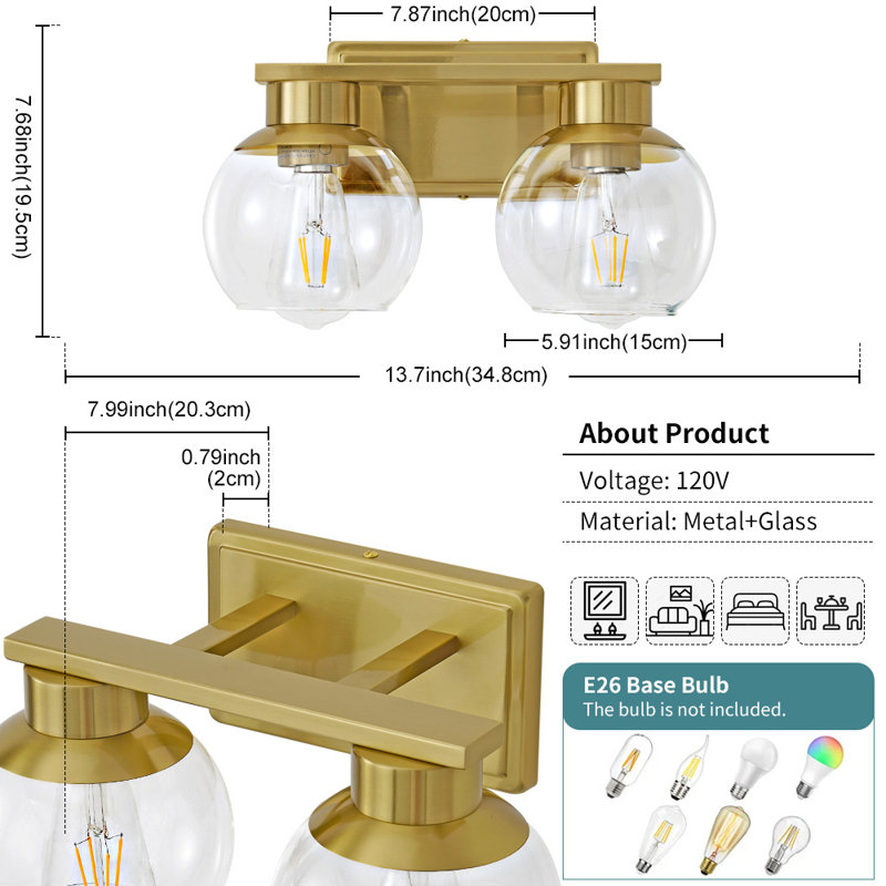 Geneva Dimmable Bathroom Vanity Light Fixtures, Gold, 2