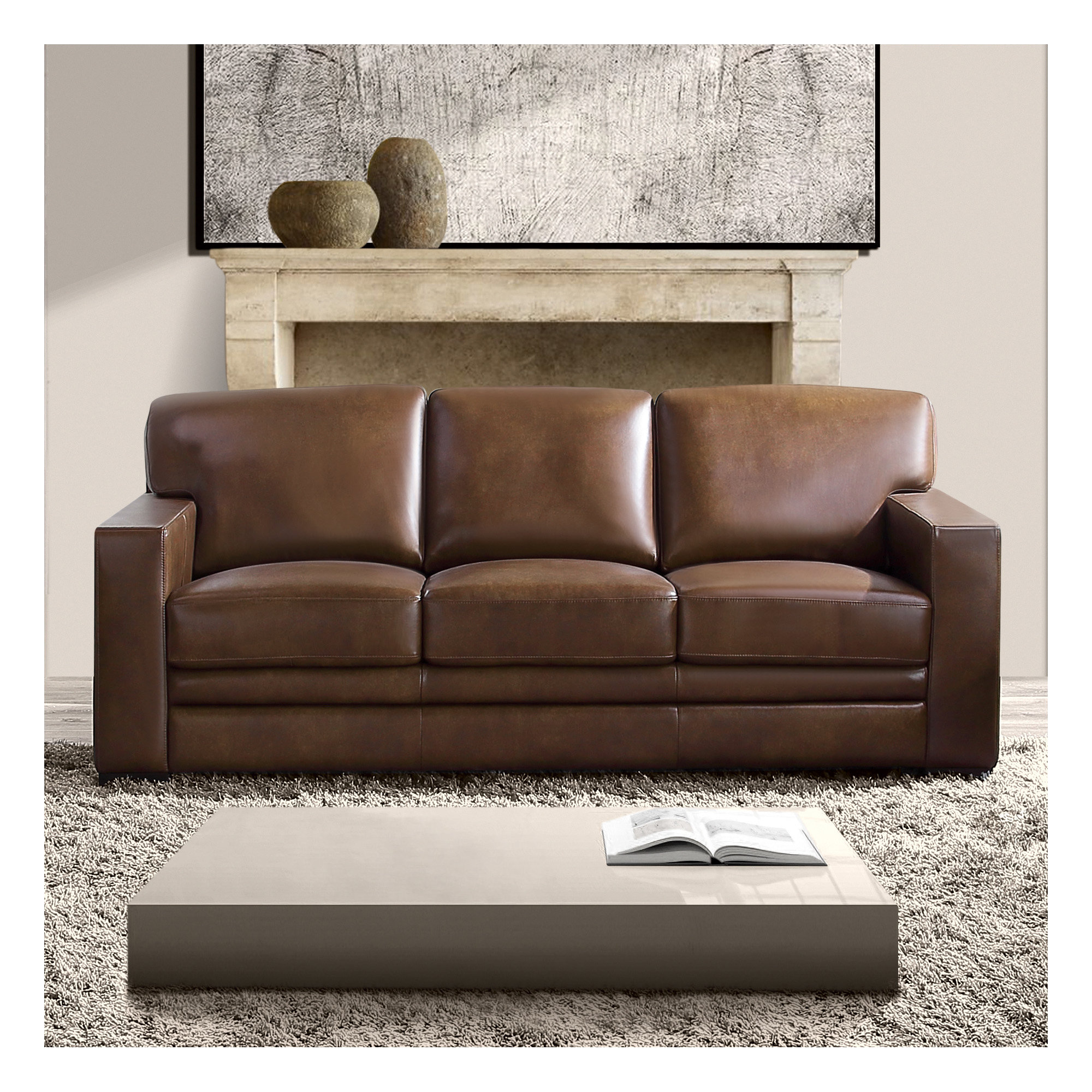 83'' Upholstered Sofa, Brown Top Grain Leather