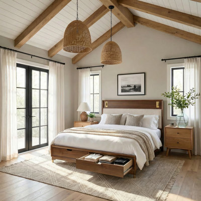 Queen Size Mid-Century Modern Wood Platform Bed With LED Reading Lights, Underbed Storage Drawers, Upholstered Headboard, Walnut Finish