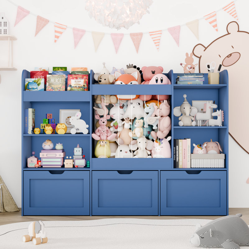 41.3''H Toys Storage Organizer with Kids Bookcases, Stuffed Animal Storage, 3 Movable Drawers, 4 Cube Storage Cabinet and 3-tier Bookshelf for Playrooms, Bedroom, Blue