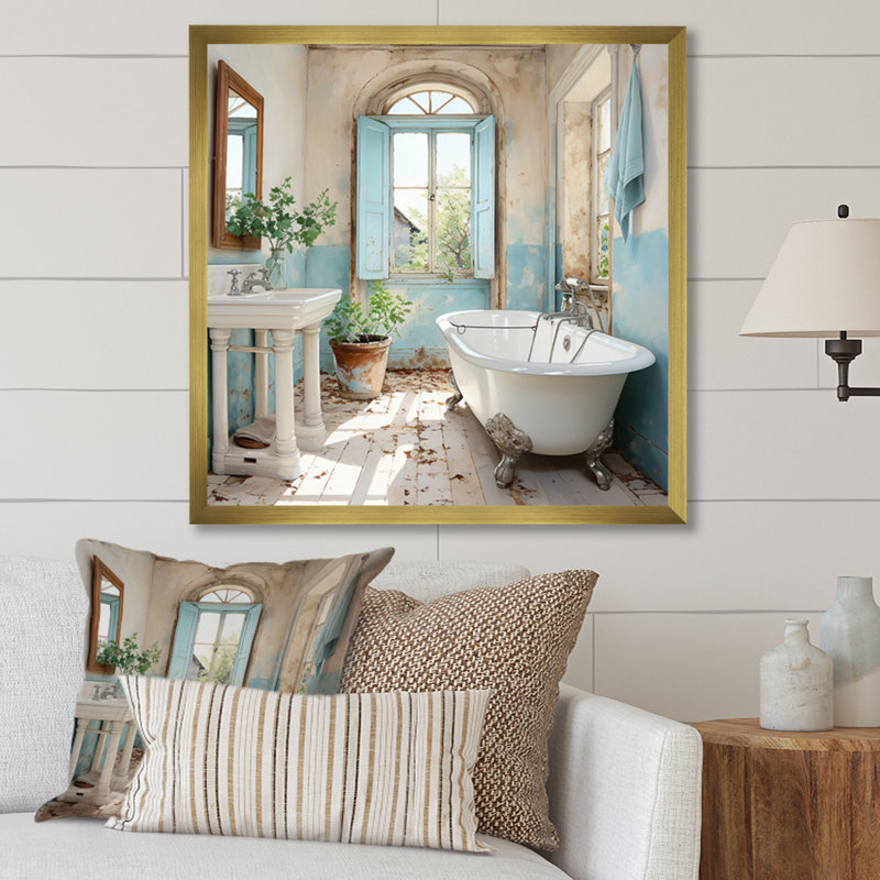 «Farmhouse Bathroom Charm I - Laundry Large», art mural, Cadre doré simple, H 36 po x l 36 po x P 1,5 po
