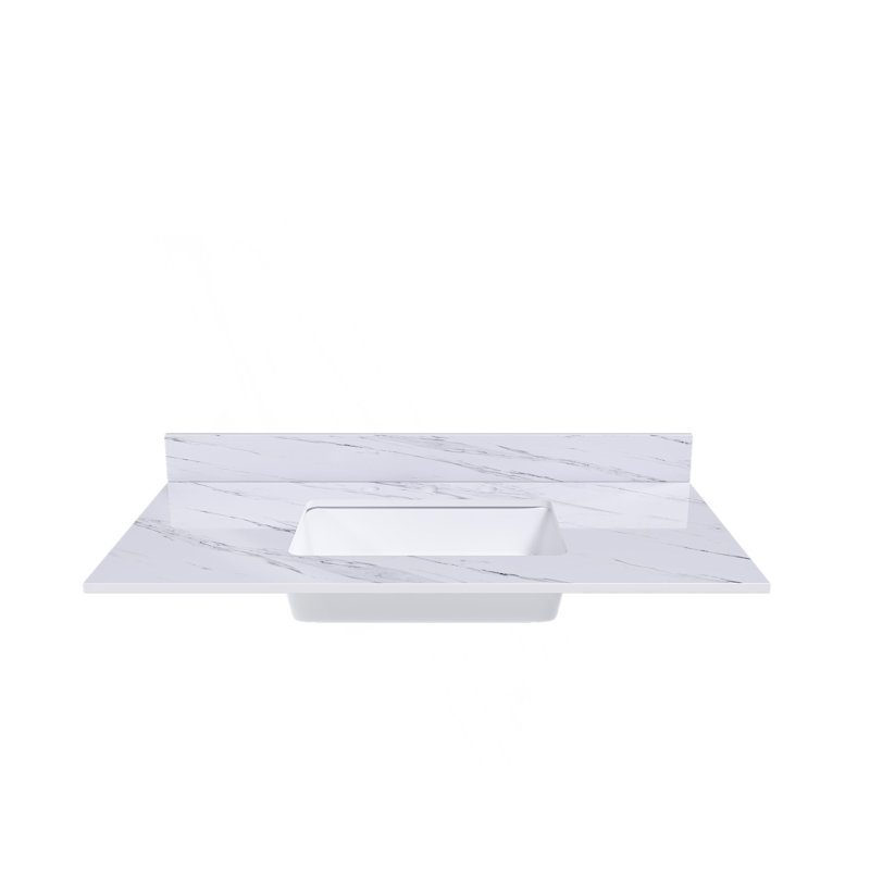 Dessus de meuble-lavabo en marbre de 43 pouces, comptoir blanc avec 3 trous de robinet pré-percés, comptoir de salle de bain avec lavabo central rectangulaire encastré et dosseret de 4 po de hauteur, Bianco Carrara Venato