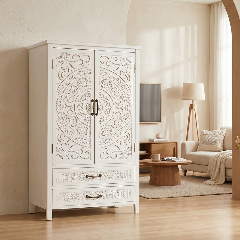 Grande armoire de rangement multifonctionnelle blanche et naturelle avec détails sculptés