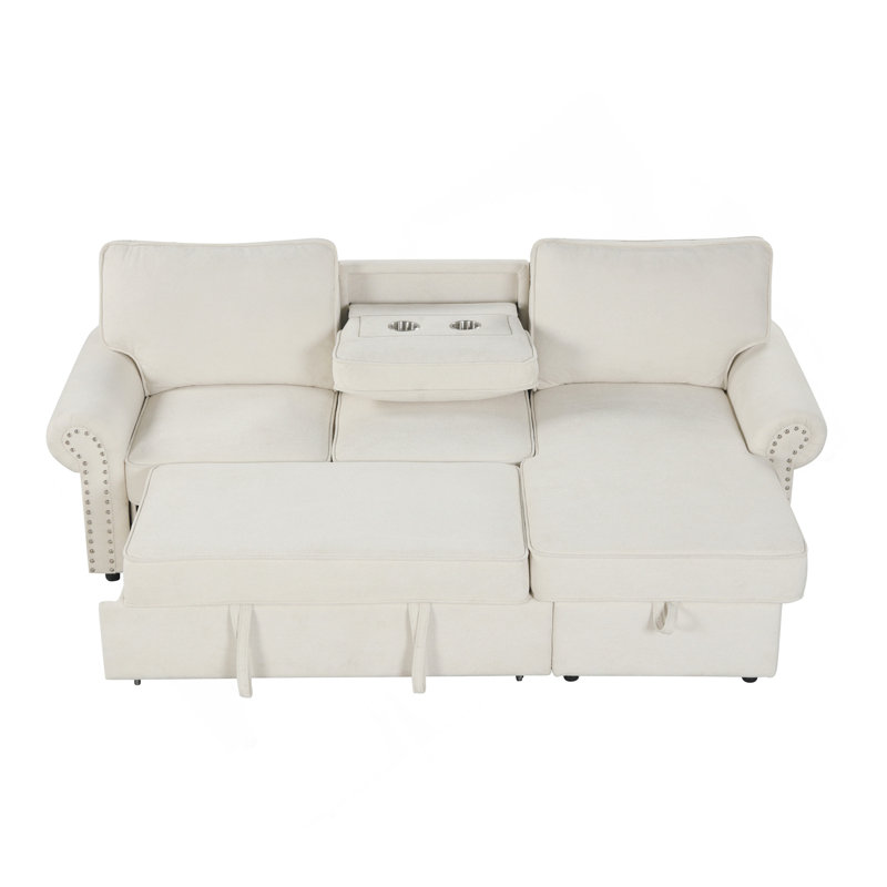 Canapé-lit modulaire convertible 95 po avec méridienne de rangement, dossier escamotable avec 2 porte-gobelets, accoudoirs arqués avec garniture cloutée, tissu en polyester tricoté chaîne, structure en bois d'acacia