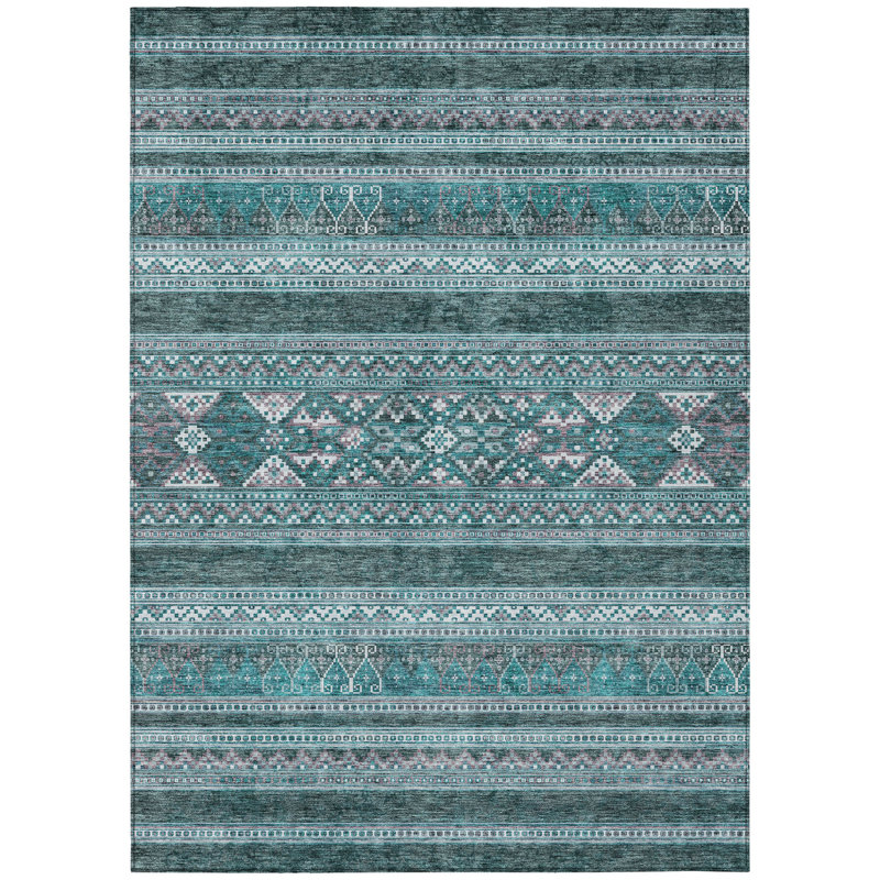 Tapis intérieur / extérieur lavable 10 pi x 14 pi bleu sarcelle ivoire et gris Sud-Ouest