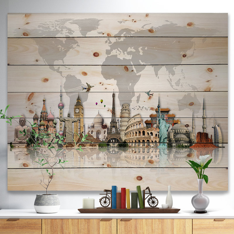 « Famous Monuments Across World », reproduction d'art graphique, H 15 po x l 20 po, Impression encadrée, Bois