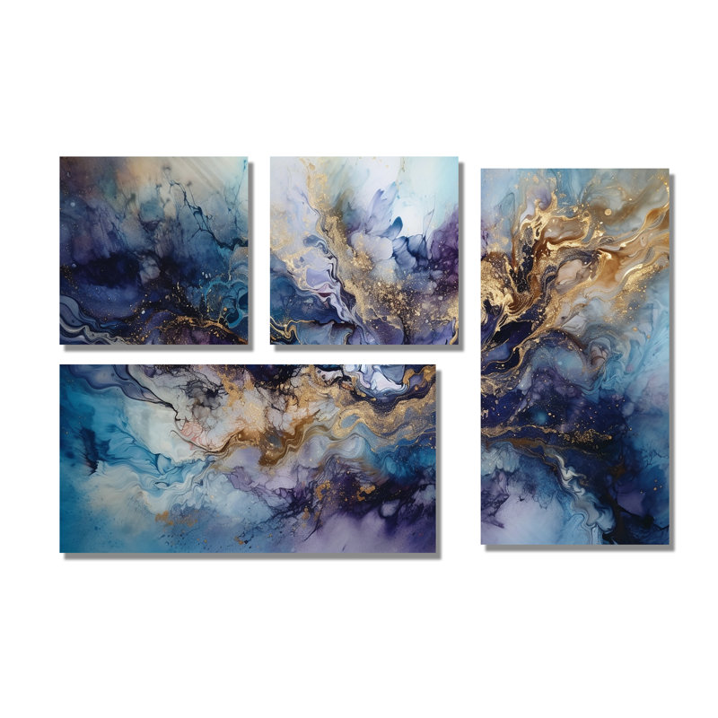 Encre liquide dorée captivante liquide I - mauve moderne, 4 pièces, Toile tendue, Ne s’applique pas