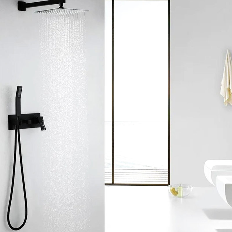 Douche murale noire matte - pomme de pluie 10 po, main avec boyau de 59 po, débit réglable, corrosion, système d'égouttement pour salle de bain noir, tête et douche, fabrication en laiton,