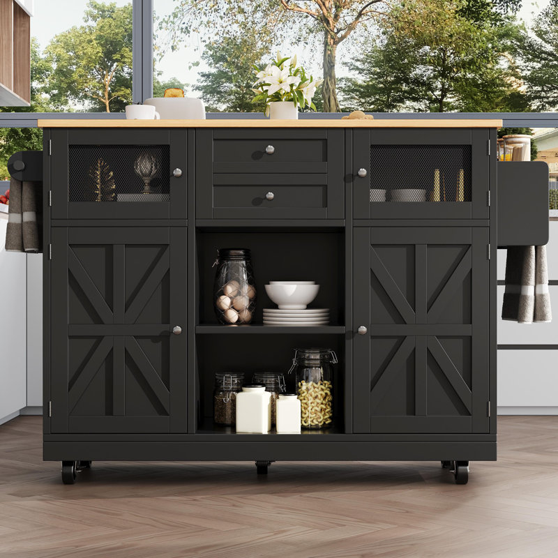Kitchen Island With 4 Doors And 2 Drawer, Black