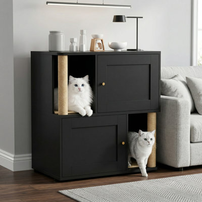 Armoire à litière cachée en métal pour 2 chats, avec grattoir, grand meuble de salle de bain pour animaux de compagnie, table d'appoint intérieure, noir