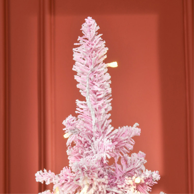 Arbre de Noël artificiel enneigé avec forme de crayon, branches réalistes en pin, lumières DEL blanc chaud, ouverture automatique, rose et blanc