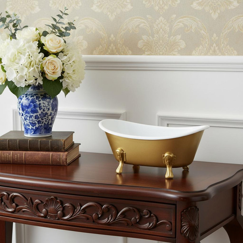Baignoire décorative en métal doré et blanc de 7 po