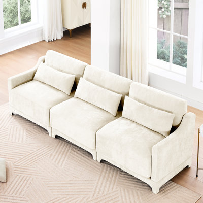 Three - Seater Upholstered In Beige Chenille, Boasting Ergonomic Design, Lumbar Pillow, Wooden Base, And Comfortable Seating Experience Chenille Of Color, Equipped With , Structure, Soft Touch For