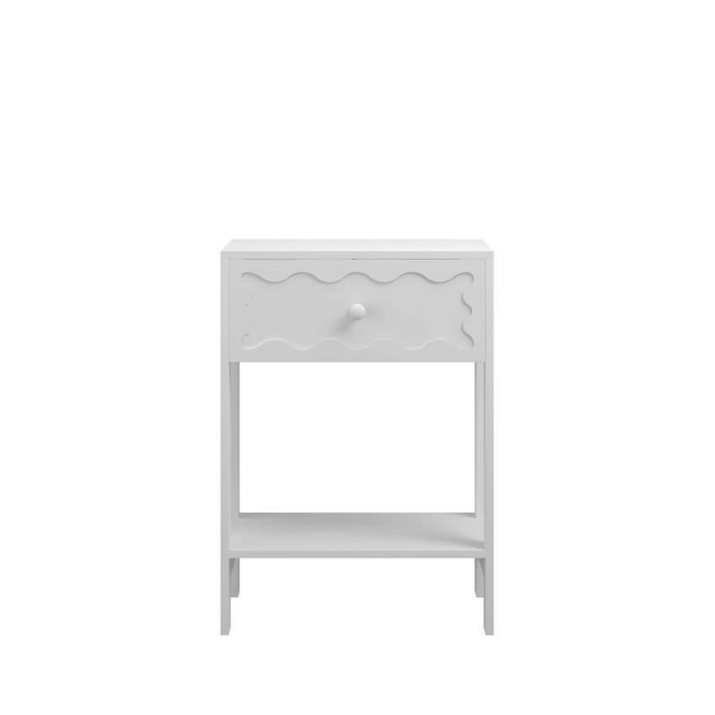 Table de chevet blanche avec tiroir et tablette ouverte, table de chevet à motif de vagues moderne, table de bout à cadre en bois massif pour chambre à coucher, salon, petits espaces