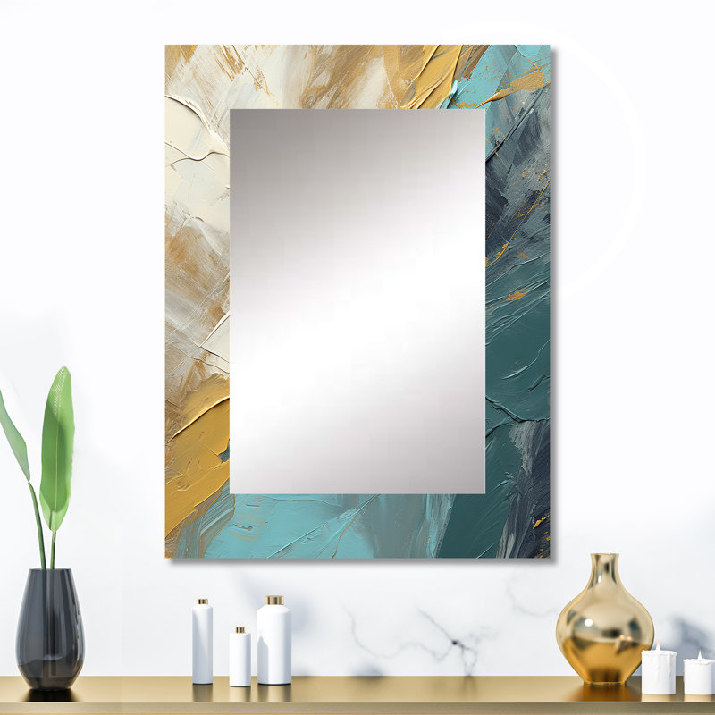 Serenity Sunset en bleu sarcelle et blanc - miroir décoratif de formes abstraites, miroir mural moderne, impression d'art en métal