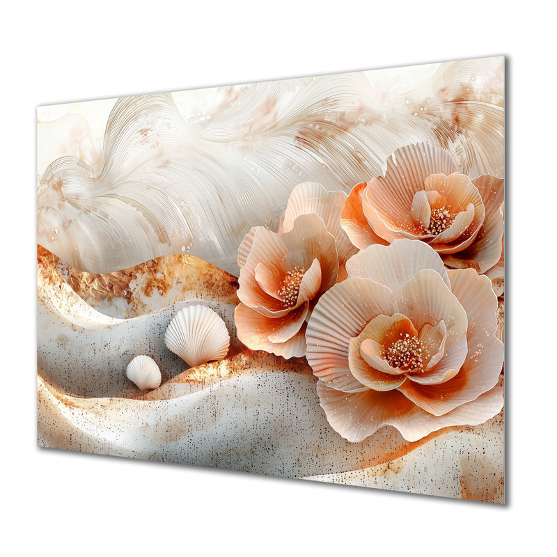 Coquillage blanc et paysage de plage marbré II - reproduction côtière sur métal, H 34 po x l 44 po