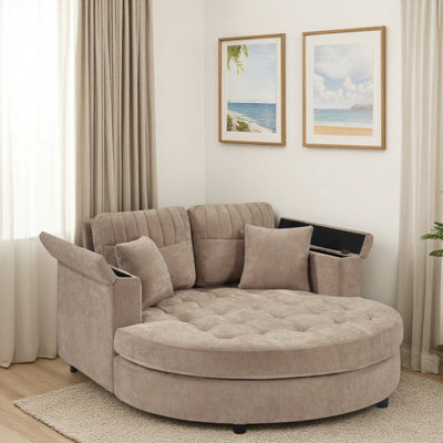 Chaise longue rembourrée incurvée avec accoudoirs de rangement, siège capitonné et coussins amovibles