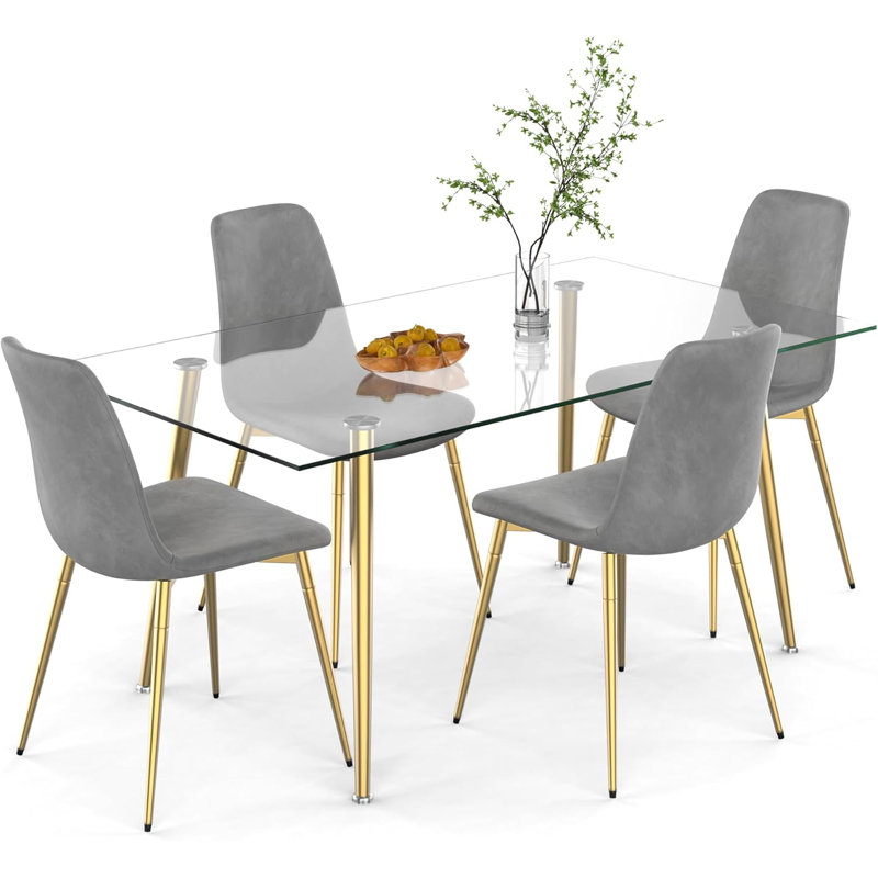 Glass Top Four Leg Dining Set, 5 Pieces: Table, 4 Chairs, 29.5" H x 35.4'' L x 63'' W, Gray/Gold