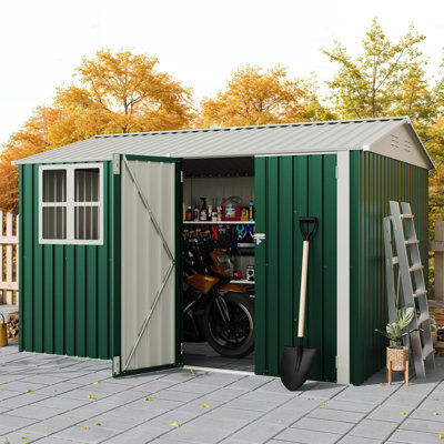 10x8 FT Outdoor Storage Shed with 450 Cu Ft Capacity - Weather-Resistant Steel Garden Shed with Gable Roof & Grid Windows