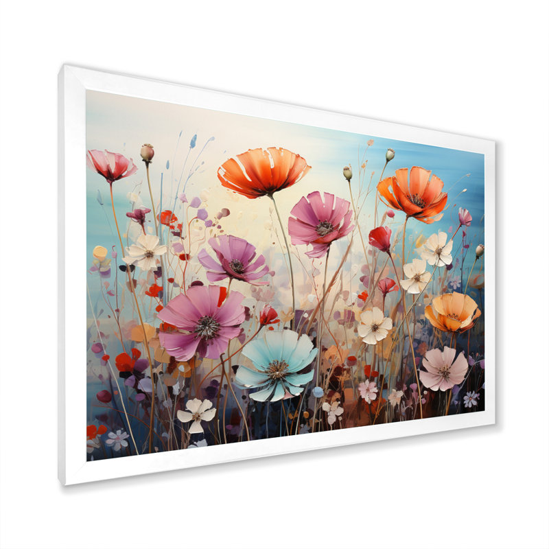 Symphonie florale sauvage, pointillisme, H 30 po x l 40 po x P 1,5 po, Cadre simple blanc