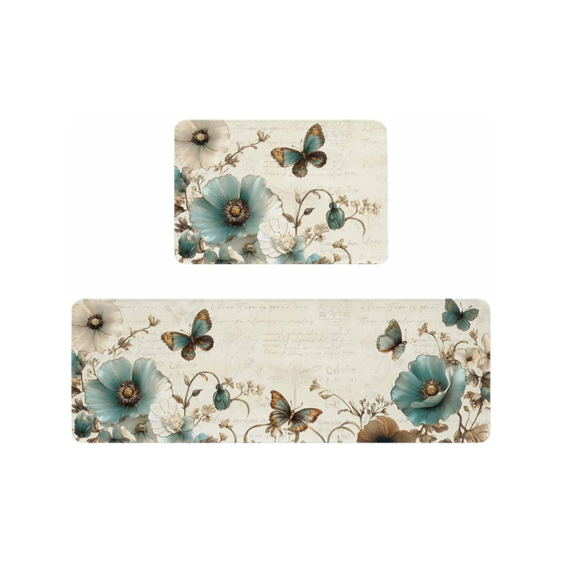 Tapis de cuisine sarcelle à motif floral et papillons, ensemble de 2 pour la cuisine et le vestibule, décoration intérieure rétro