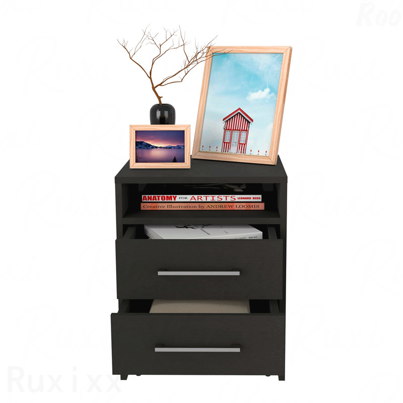 Table de chevet 2 tiroirs noire avec tablette ouverte 24 po