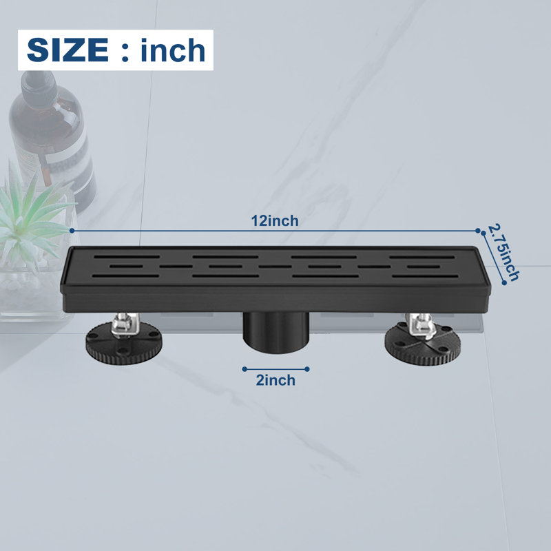 12 Inches Linear Shower Drain With Removable Bar Pattern Grate,Linear Drain With Hair Strainer And Leveling Feet,Stainless Steel,Matte Black