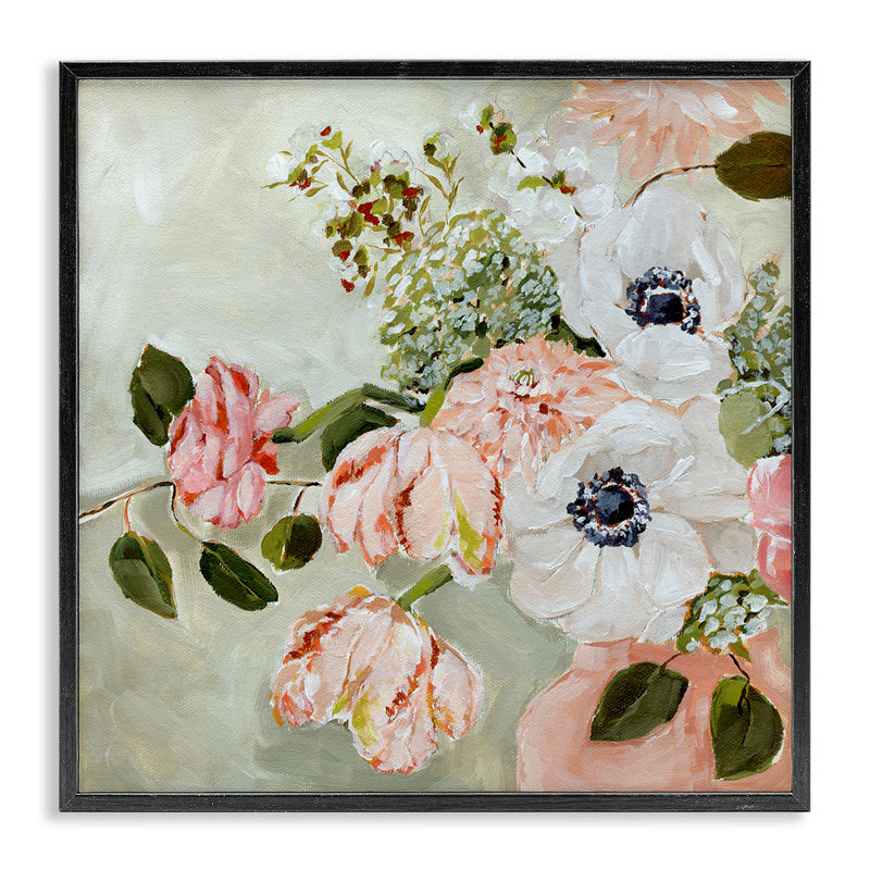 Dessin subtil de fleurs roses et blanches printanières, design par Annie Quigley, Giclée encadrée noir minuit