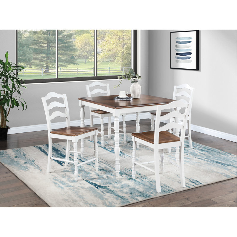 5 pièces avec table à hauteur de comptoir en chêne et 4 chaises à dossier, tons blancs, sièges confortables pour les soupers en famille, 5 finitions carrées, décorations, sièges dans les petites cuisines