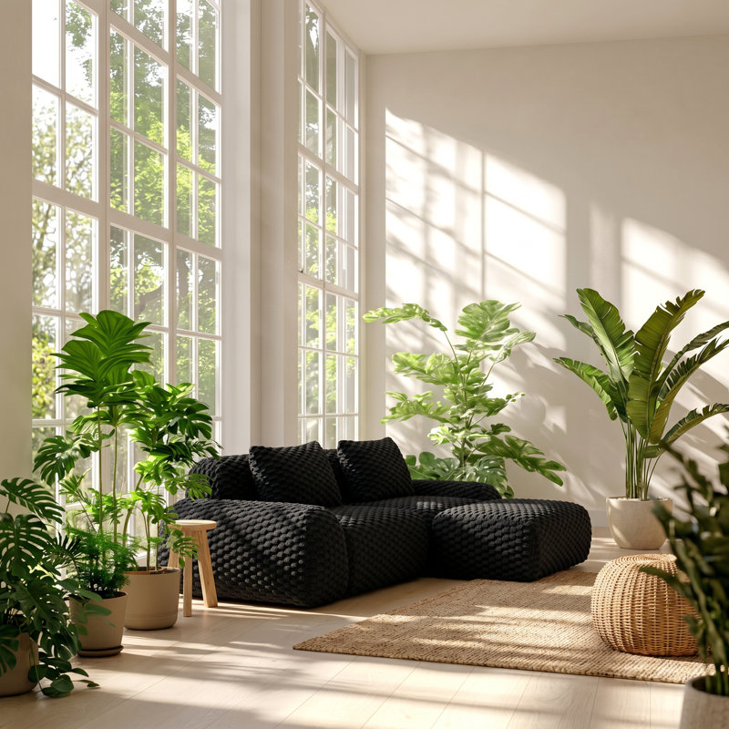 Aurelia 81.9" W x 69.3" D x 33.1" H Flannelette Fabric Modular L-Shaped Sectional Sofa with Movable Ottoman, Black Flannel