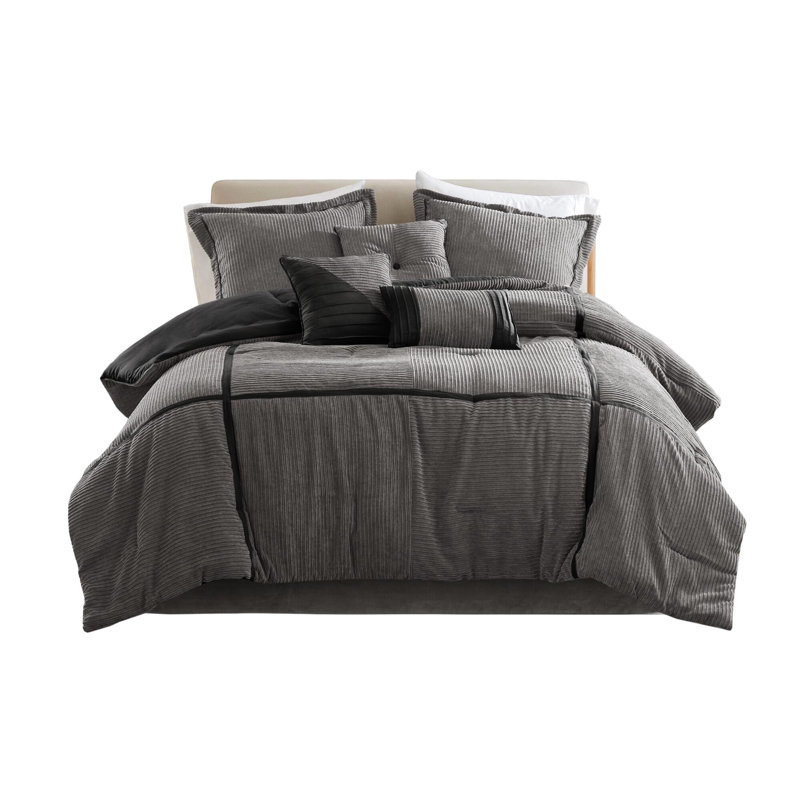 Literie grise en velours côtelé pour 7 personnes - 100% doux et moelleux, ajoutant une touche sophistiquée à votre chambre à coucher, sèche-linge à basse température 7 pièces