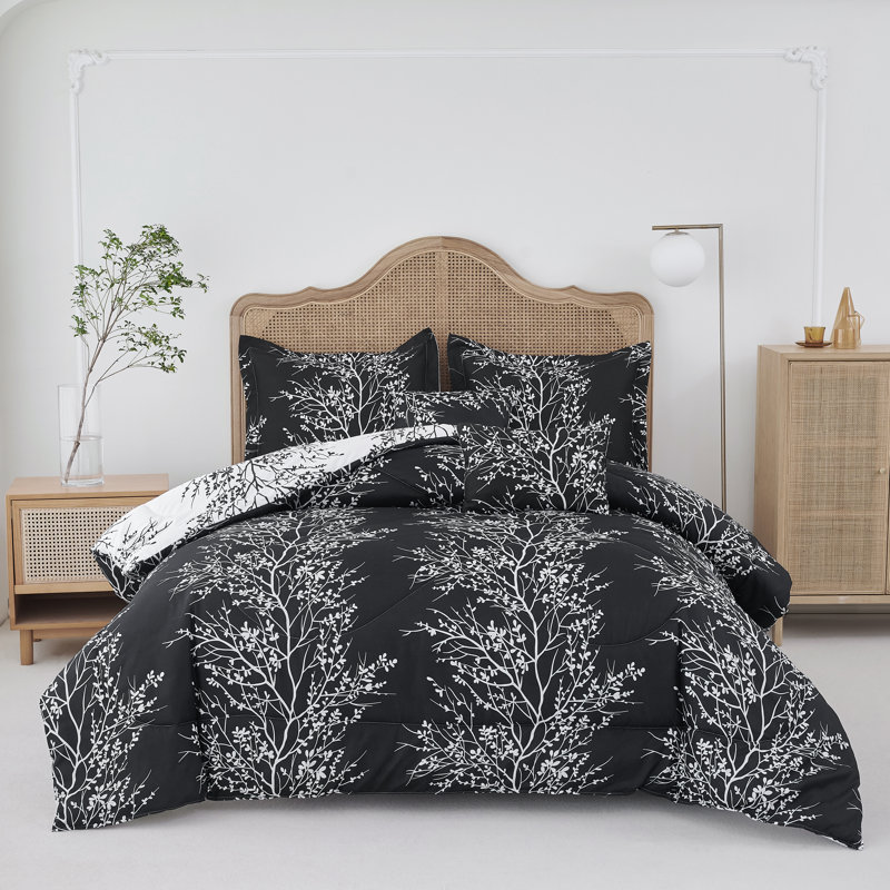 Foliage Reversible Comforter Set, Black/White, Twin Comforter Set + 4 Additional Pieces