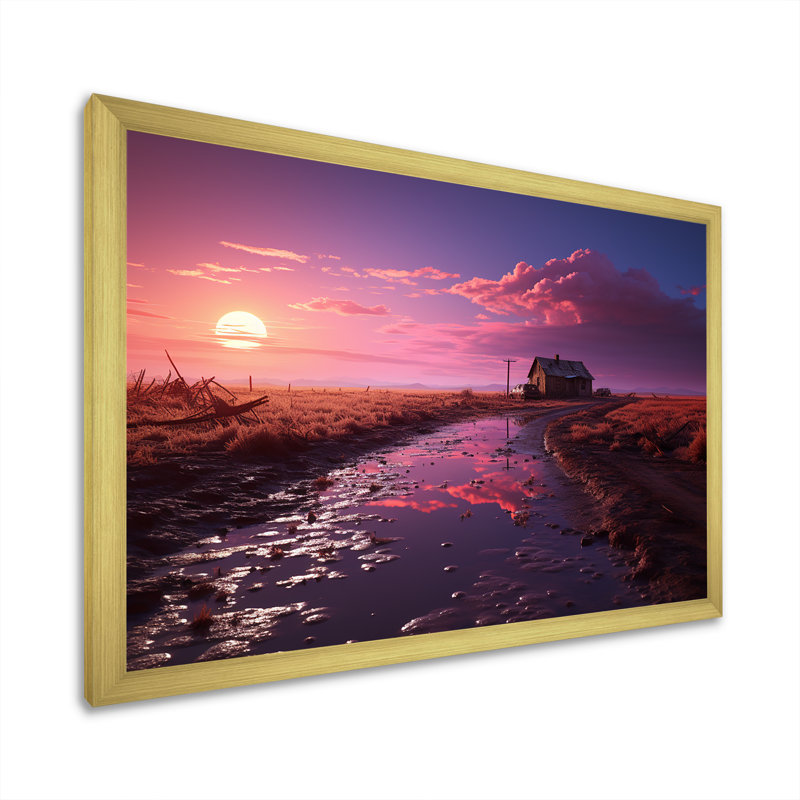 «Sunset Farm Dreams», reproduction sur toile, Cadre doré simple, H 16 po x l 32 po x P 1 po